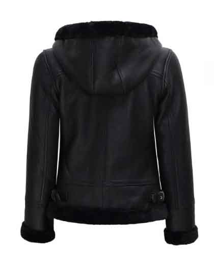 Grace Womens Black Leather Aviator Jacket With Hood - Image 2