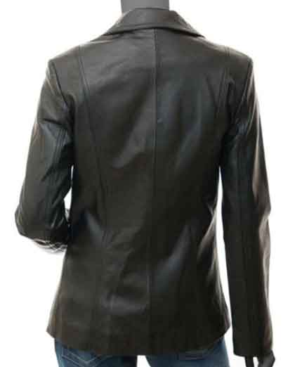 Womens Wide Lapel Two Button Black Leather Blazer Coat - Image 2