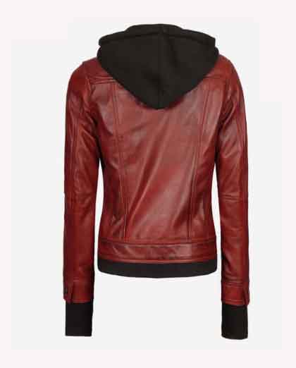 The Céleste Womens Maroon Bomber Jacket With Removable Hood - Image 2