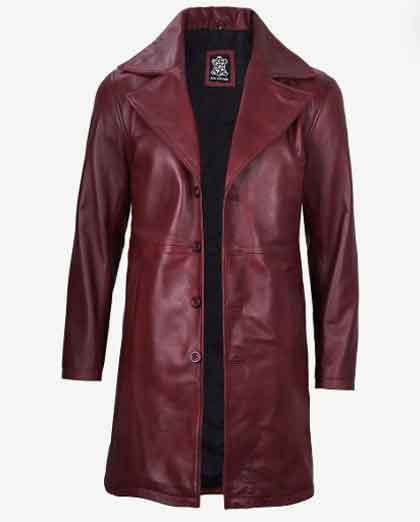 Mens Real Lambskin Leather Car Trench Long Coat - Image 4