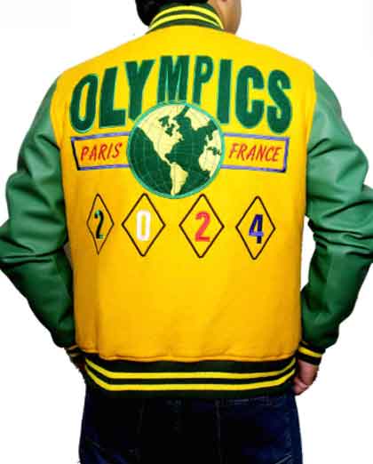 Paris 2024 Olympics Yellow Wool & Green Leather Varsity Jacket For USA Team - Image 2