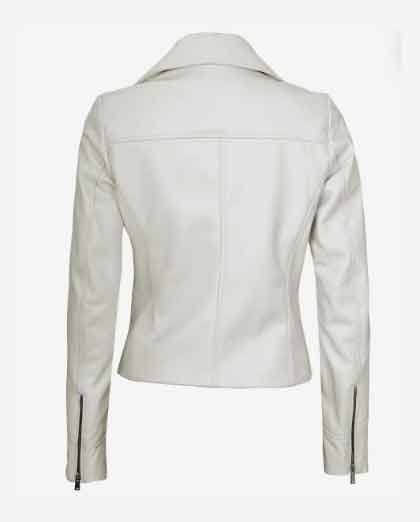 Womens Real Off-White Lambskin Leather Moto Jacket - Image 2