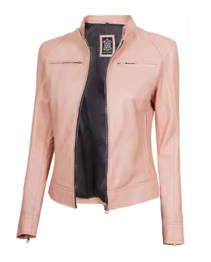 Light Pink Women's Motorcycle Cafe Racer Leather Jacket - Image 2