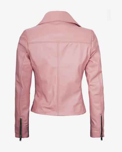 Womens Real Pink Lambskin Leather Biker Jacket - Image 2
