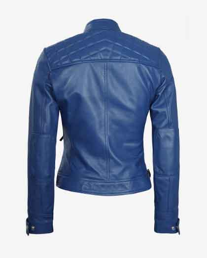 Womens Real Lambskin Blue Leather Quilted Biker Jacket - Image 2