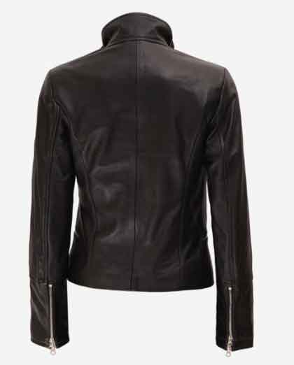 Womens Fitted Black Leather Jacket with Brown Detailing - Image 2