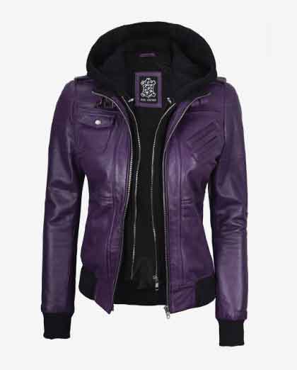 Womens Biker Rub Bomber Removable Hooded Real Labskin Leather Jacket - Image 4