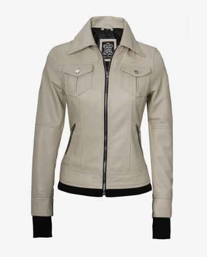 Womens Biker Real Lambskin Beige Bomber Removable Hood Leather Jacket - Image 2