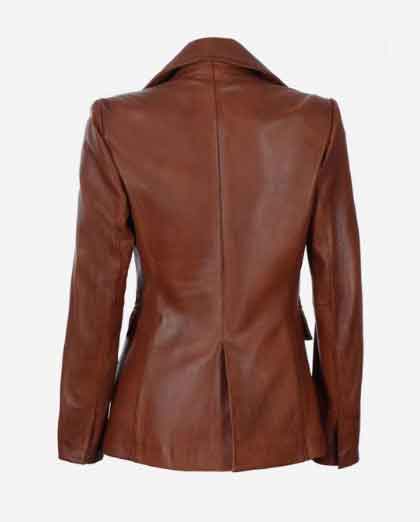 Double Breasted Cognac Leather Coat Women - Image 2