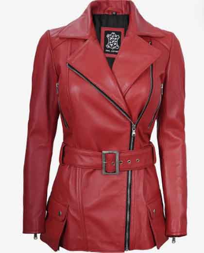 Women's Slim Fit Asymmetrical Design Moto Biker Belted Leather Jacket - Image 3
