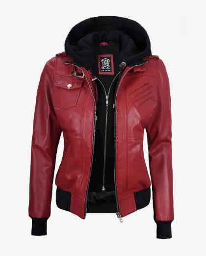 Womens Biker Rub Bomber Removable Hooded Real Labskin Leather Jacket - Image 3