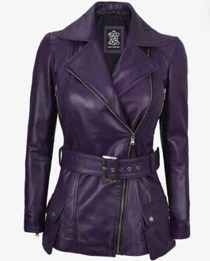Women's Slim Fit Asymmetrical Design Moto Biker Belted Leather Jacket - Image 4