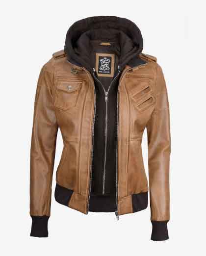 Womens Biker Rub Bomber Removable Hooded Real Labskin Leather Jacket - Image 2