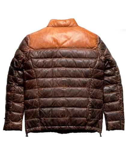 Puffer Two-Tone Lambskin Brown Leather Distressed Quilted Jacket - Image 2