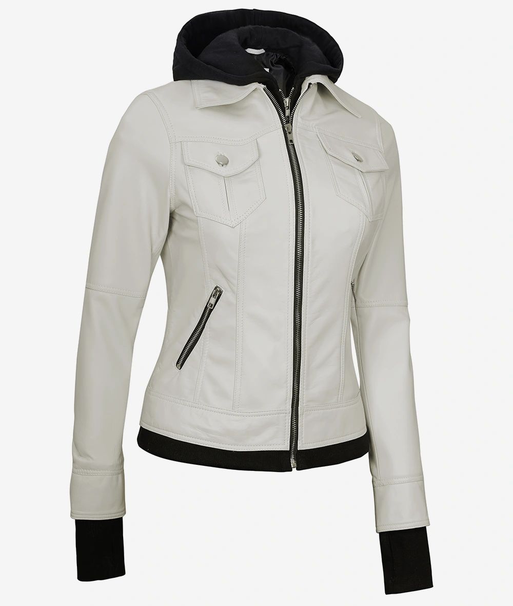 Dodge White Cafe Racer Leather Jacket for Women - Image 2