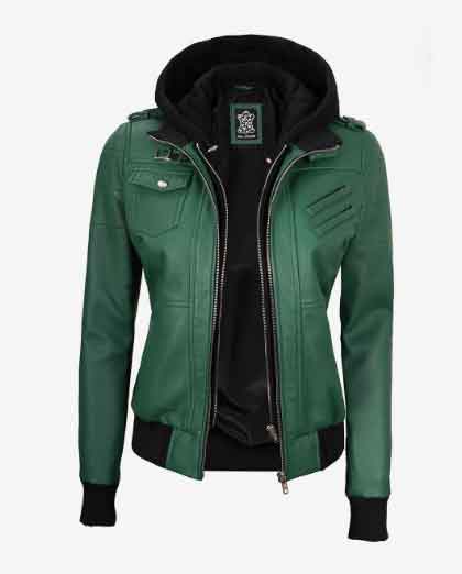 Womens Biker Rub Bomber Removable Hooded Real Labskin Leather Jacket - Image 5