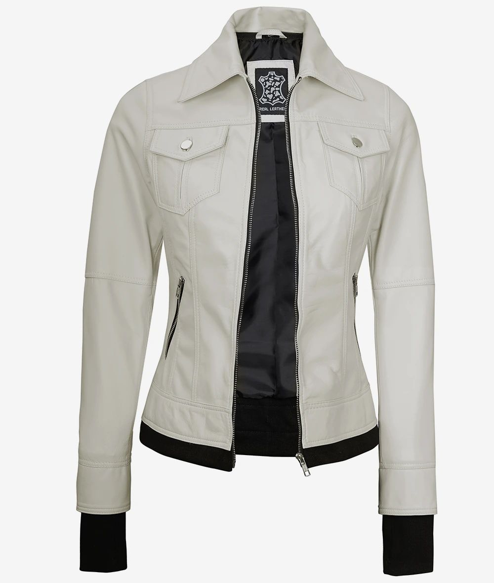 Dodge White Cafe Racer Leather Jacket for Women - Image 6